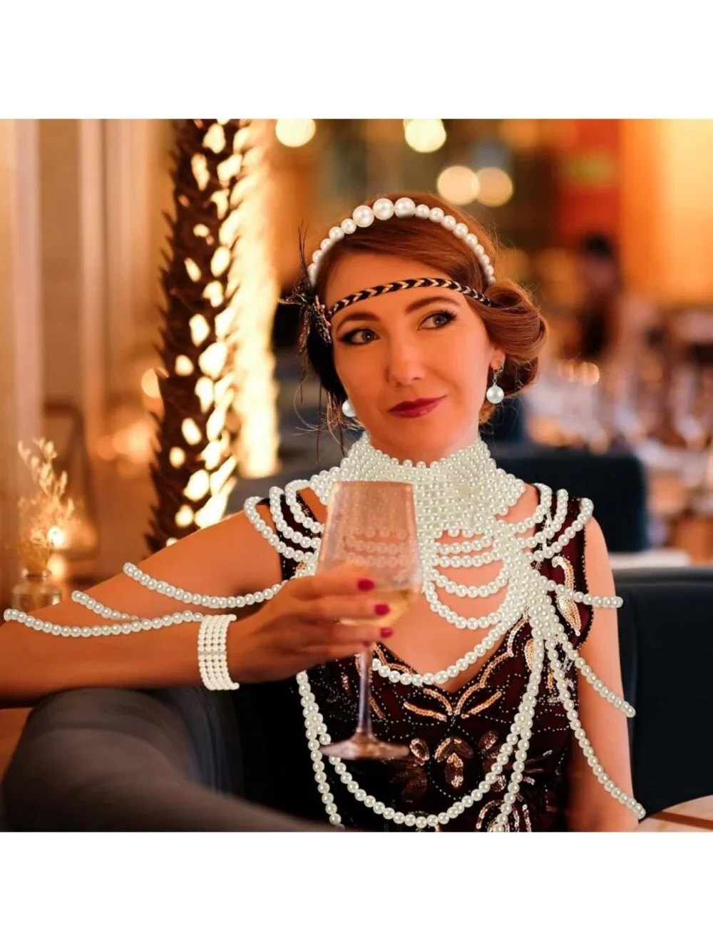 1920s Pearl Body Chain Set - Necklace, Headband, Earrings & Bag - Vintage Glam